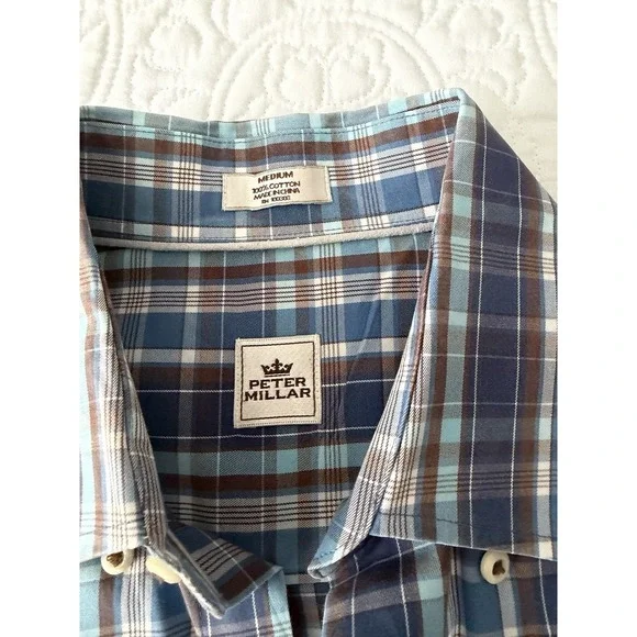 Men's Medium Peter Millar Long Sleeve Blue Plaid Shirt, Crown Crafted Collection - Picture 2 of 5